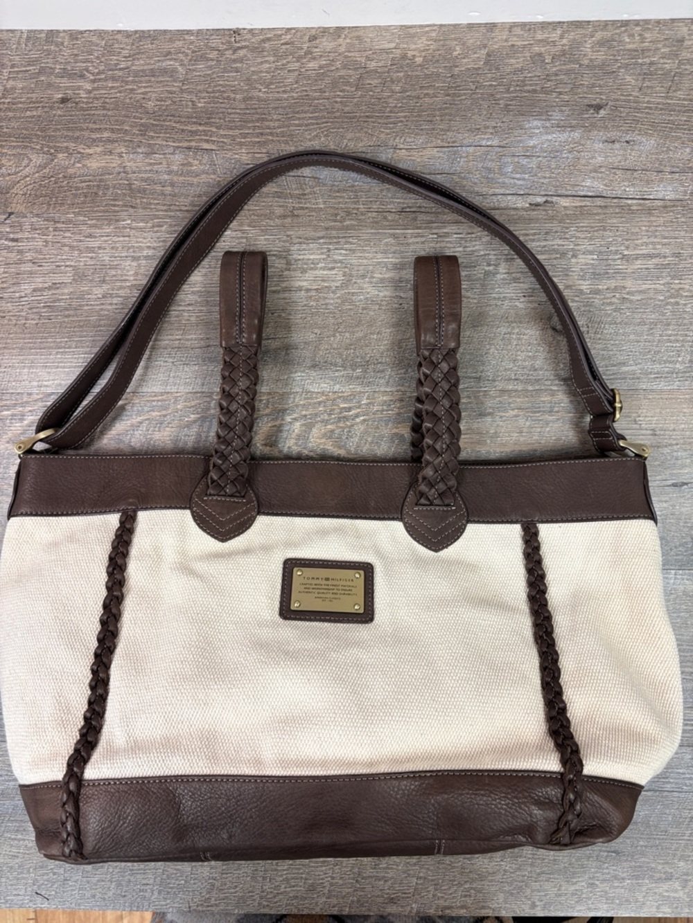 Tommy Hilfiger Canvas & Leather Braided Tote Bag Cream Brown Striped Interior